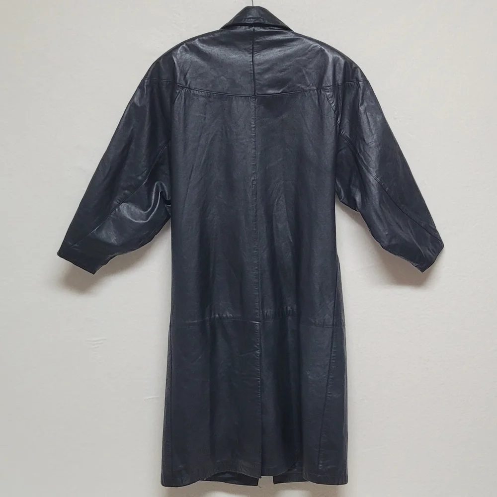 80s Vintage BKE Black Leather Longline Dolman Sleeve Oversized Trench Coat 7/8